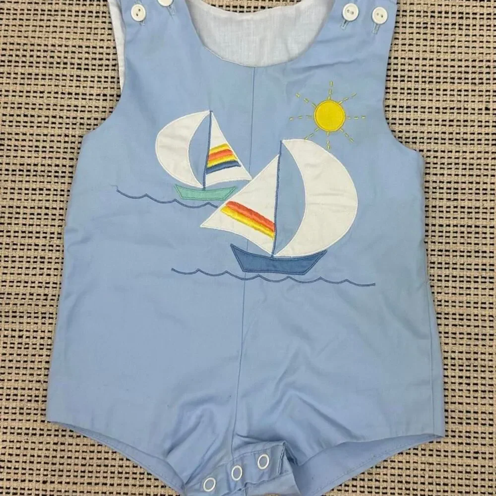 Vintage Baby Sail Boat Nautical Light Blue Shorts Jumper